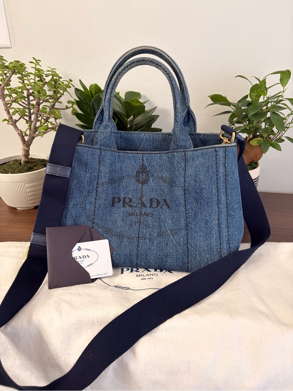 Prada Denim Tote in Blue with Navy Strap